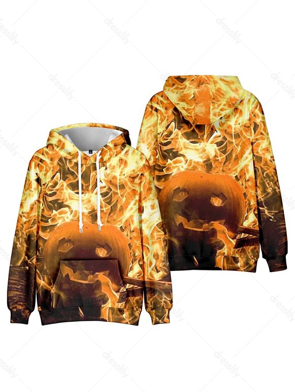 Sweat à Capuche Décontracté D'Halloween à Imprimé Citrouille Flamme avec Poche Kangourou à Cordon - multicolor 3XL