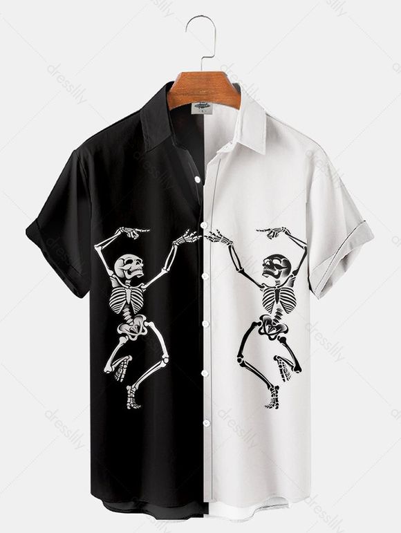 Chemise D'Halloween Boutonnée à Imprimé Squelette à Col Relevé - multicolor B XXXL