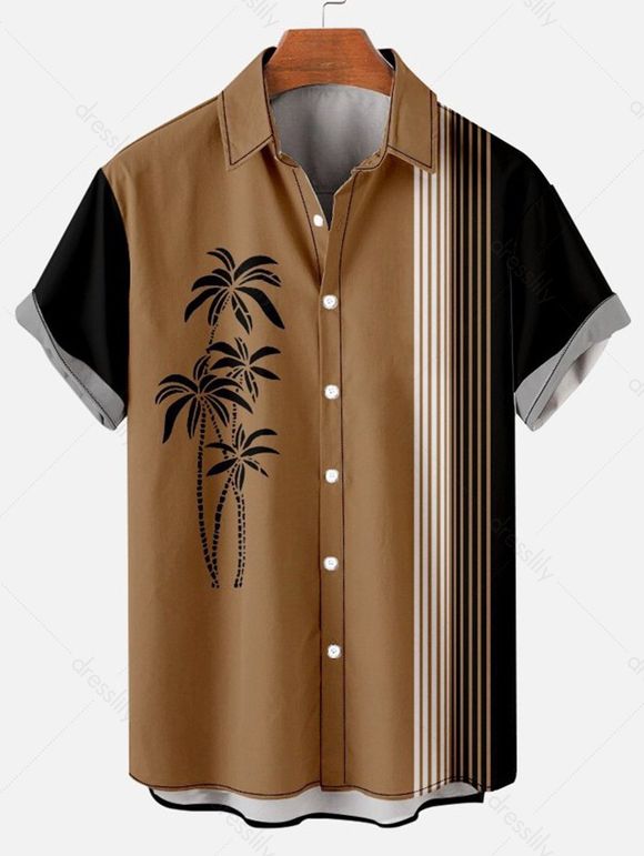 Chemise de Vacances Décontractée en Blocs de Couleurs à Imprimé Arbre de Noix de Coco à Col Relevé - café XXXL