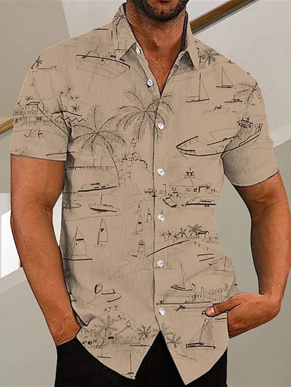 Chemise de Plage Vacance à Imprimé Palmier à Col Relevé avec Bouton - café lumière XXXL