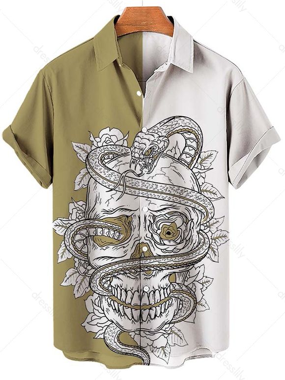 Chemise D'Halloween Décontractée à Imprimé Crâne et Serpent à Col Relevé - Jaune clair XXL