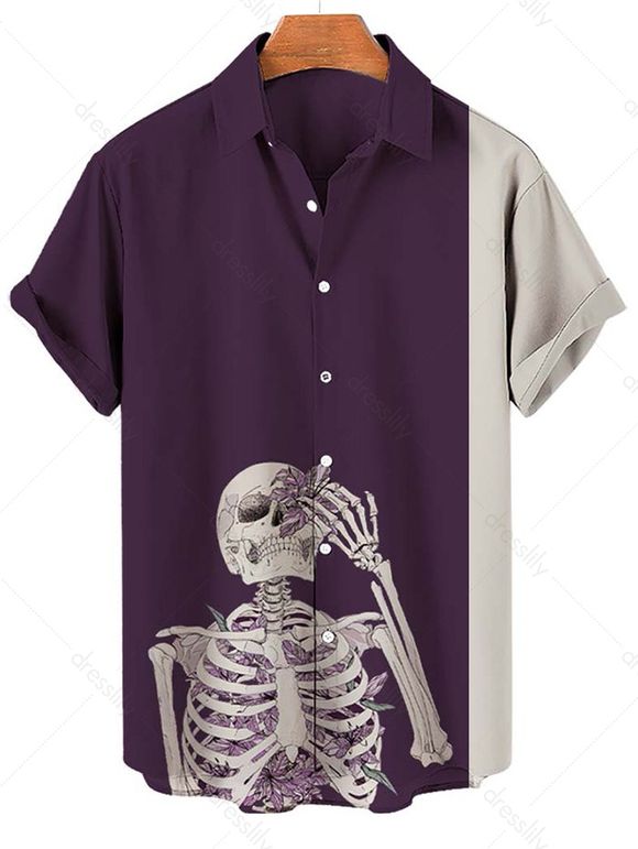 Chemise D'Halloween Décontractée à Imprimé Squelette à Col Relevé avec Bouton - Pourpre M
