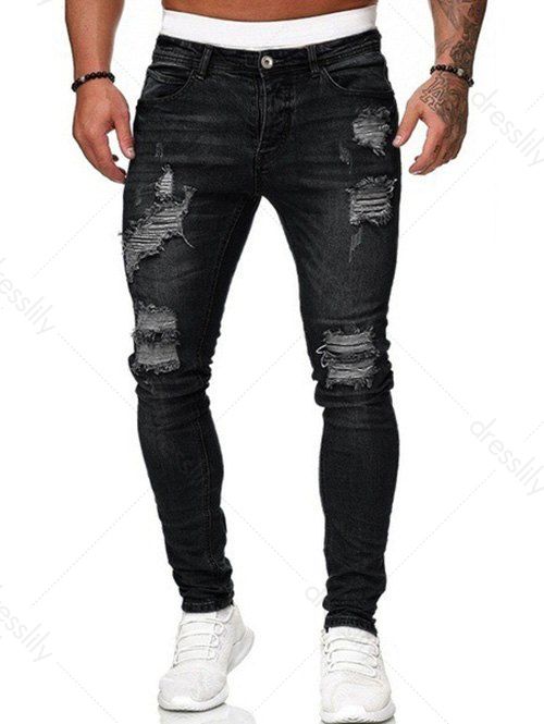 Pantalon Déchiré Zippé Au Lavage Foncé en Denim - Noir XL