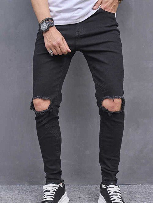 Pantalon Déchiré Zippé Noir en Denim - Noir 30