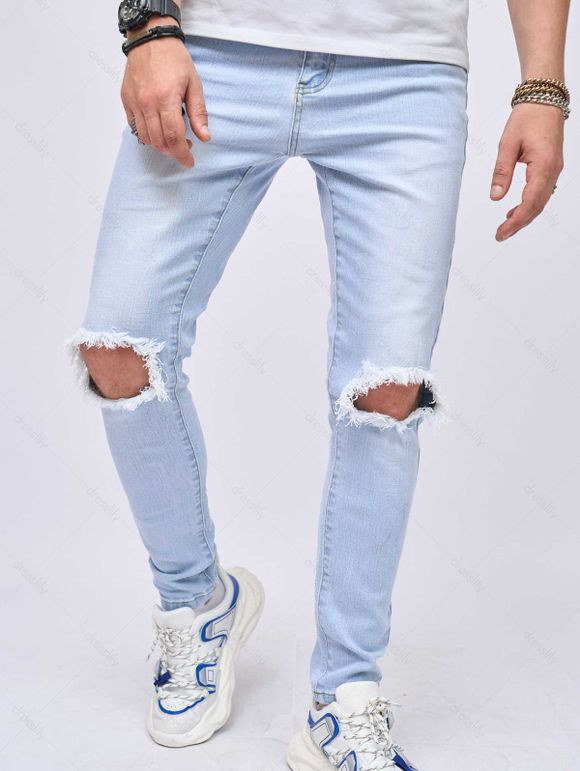 Pantalon Décontracté Déchiré Délavé avec Poches en Denim - Bleu clair L