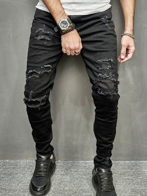 Pantalon Déchiré en Denim Noir Au Lavage Foncé avec Poches - Noir 28