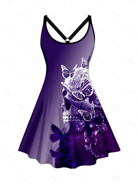 Plus Size Halloween Dress Skull and Butterfly Print Sleeveless A Line Dress - PURPLE 5X