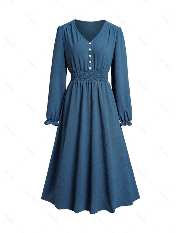 Smocked Waist Dress Plain Color Mock Button V Neck Casual Midi Dress - DEEP BLUE XL