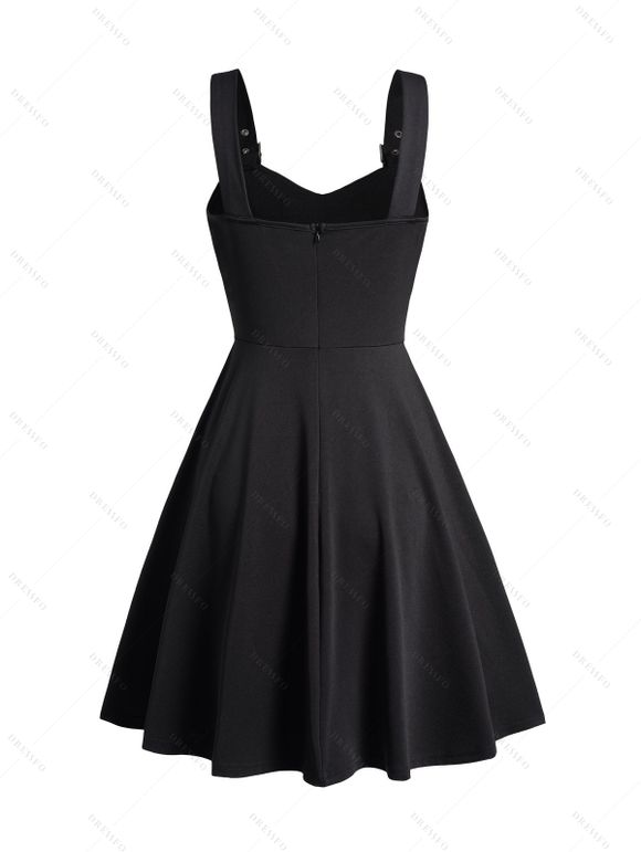 Mini Robe Ligne A Simple à Bretelle Bouclée sans Manches en Couleur Unie à Œillet - Noir M