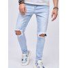 Pantalon Décontracté Déchiré Délavé avec Poches en Denim - Bleu clair XL
