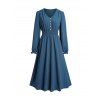 Robe Mi-Longue Décontractée en Couleur Unie à Taille Plissée avec Faux Bouton à Col V - Bleu profond L