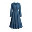 Robe Mi-Longue Décontractée en Couleur Unie à Taille Plissée avec Faux Bouton à Col V - Bleu profond L