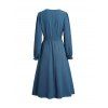 Smocked Waist Dress Plain Color Mock Button V Neck Casual Midi Dress - DEEP BLUE XL
