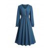 Smocked Waist Dress Plain Color Mock Button V Neck Casual Midi Dress - DEEP BLUE XL