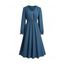 Smocked Waist Dress Plain Color Mock Button V Neck Casual Midi Dress - DEEP BLUE XL