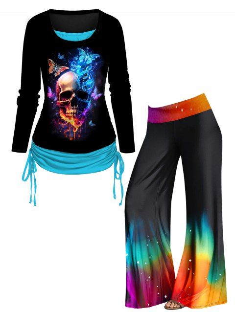 Halloween Skull and Butterfly Print T Shirt and Rainbow Print Wide Leg Pants Outfit