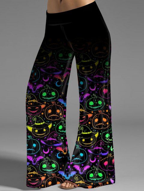 Pantalon D'Halloween Lâche à Imprimé Citrouille Colorée Jambe Large à Taille Elastique