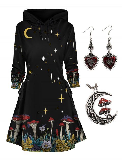 Halloween Mushroom Print Hoodie Dress and Chain Necklace Drop Earrings Outfit