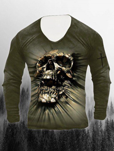 T-shirt D'Halloween à Imprimé Crâne et Epée à Manches Longues à Col Rond