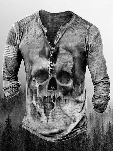Halloween Skull Print Henley T Shirt Half Button Long Sleeve Tee
