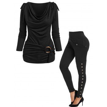 

Plain Cinched Cowl Neck Draped Long Sleeves O Ring T Shirt And High Rise Snap Button Leggings Outfit, Multicolor