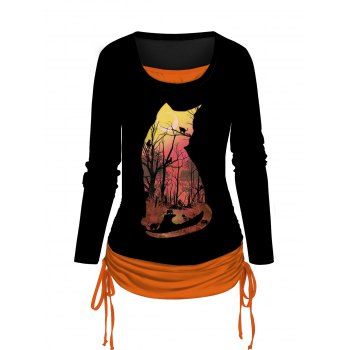 

Halloween Cat and Forest Print T Shirt Cinched Long Sleeve Faux Twinset Tee, Orange