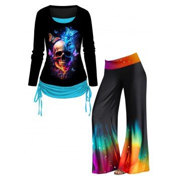 

Halloween Skull and Butterfly Print T Shirt and Rainbow Print Wide Leg Pants Outfit, Multicolor