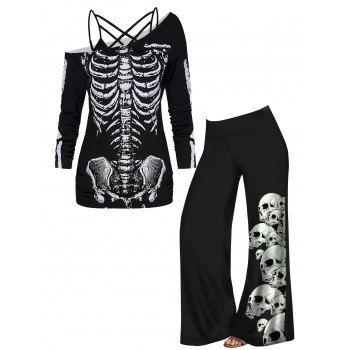 

Halloween Skeleton Print Lattice Skew Neck Colorblock Tops and Skull Print Wide Leg Pants Outfit, Multicolor