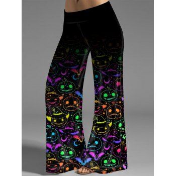 

Halloween Wide Leg Pants Colorful Pumpkin Print Elastic Waist Loose Pants, Black