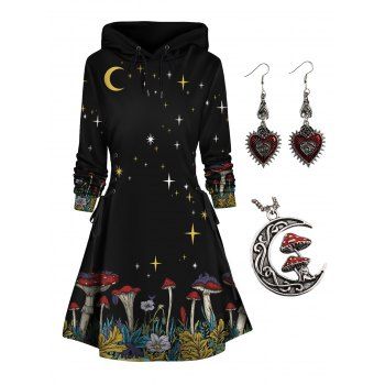 

Halloween Mushroom Print Hoodie Dress and Chain Necklace Drop Earrings Outfit, Multicolor