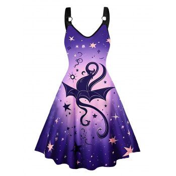 

Halloween Star Print Dress O Ring Sleeveless A Line Midi Dress, Purple