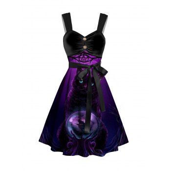 

Halloween Cat Print Belt Gothic Dress Ruched Sleeveless A Line Mini Dress, Concord