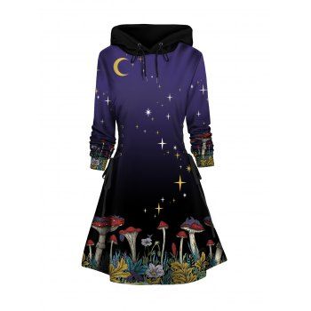 

Mushroom Print Hoodie Dress Lace Up A Line Mini Dress, Concord