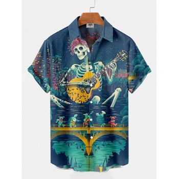 

Halloween Shirt Skeleton and Guitar Print Button Up Turn Down Collar Shirt, Multicolor a