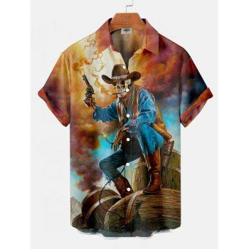 

Halloween Shirt Skeleton and Gun Print Button Up Turn Down Collar Shirt, Multicolor b