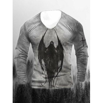 

Halloween Bird Print T Shirt Long Sleeve Round Neck Tee, Gray