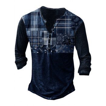 

Ethnic Print Vintage Henley T Shirt Half Button Long Sleeve Casual Tee, Deep blue