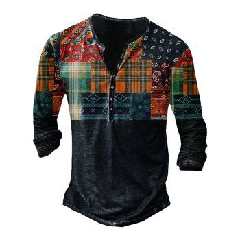 

Ethnic Print Vintage Henley T Shirt Half Button Long Sleeve Casual Tee, Multicolor a