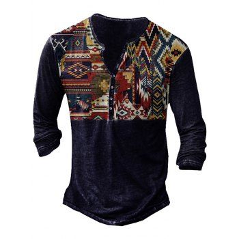 

Ethnic Print Vintage Henley T Shirt Half Button Long Sleeve Casual Tee, Multicolor b