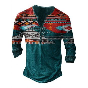 

Ethnic Print Vintage Henley T Shirt Half Button Long Sleeve Casual Tee, Deep green