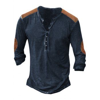 

Vintage Colorblock Henley T Shirt Half Button Long Sleeve Casual Tee, Deep blue