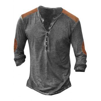 

Vintage Colorblock Henley T Shirt Half Button Long Sleeve Casual Tee, Dark gray