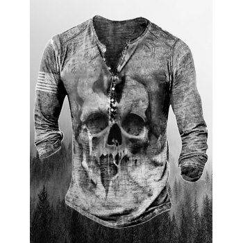 

Halloween Skull Print Henley T Shirt Half Button Long Sleeve Tee, Gray