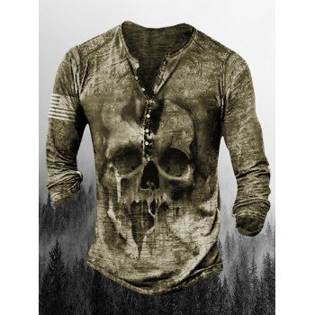 

Halloween Skull Print Henley T Shirt Half Button Long Sleeve Tee, Deep green