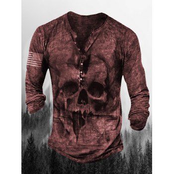 

Halloween Skull Print Henley T Shirt Half Button Long Sleeve Tee, Multicolor b