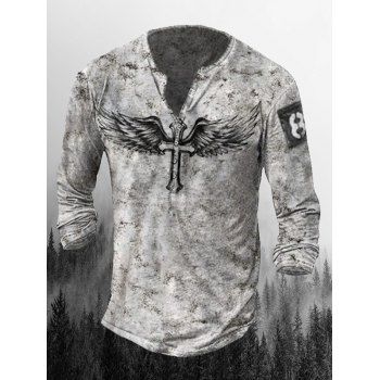 

Halloween Vintage Henley T Shirt Wing and Cross Print Half Button Long Sleeve Tee, Multicolor a