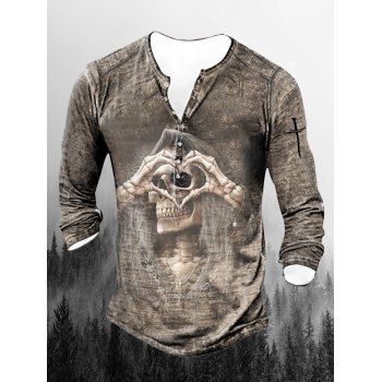 

Halloween Skeleton Print Henley T Shirt Half Button Long Sleeve Tee, Multicolor b