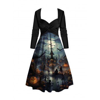 

Halloween Pumpkin and House Print Dress Sweetheart Collar Crossover A Line Dress, Multicolor a