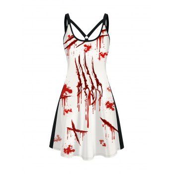 

Halloween Blood Scratch Print Colorblock Sleeveless A Line Mini Dress, White