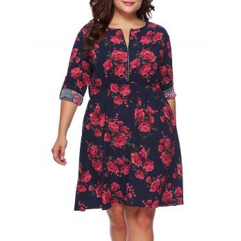 

Plus Size Flower Print Henley Dress Half Zip Long Sleeve Casual Mini Dress, Deep blue